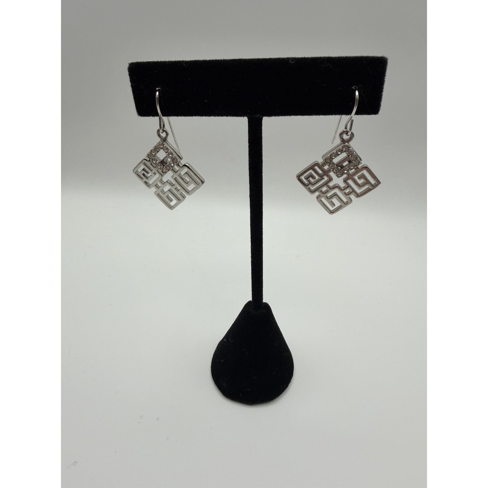 Greek Key French Wire Dangle Earrings Silver Plate And Pave Crystals - Picture 1 of 2